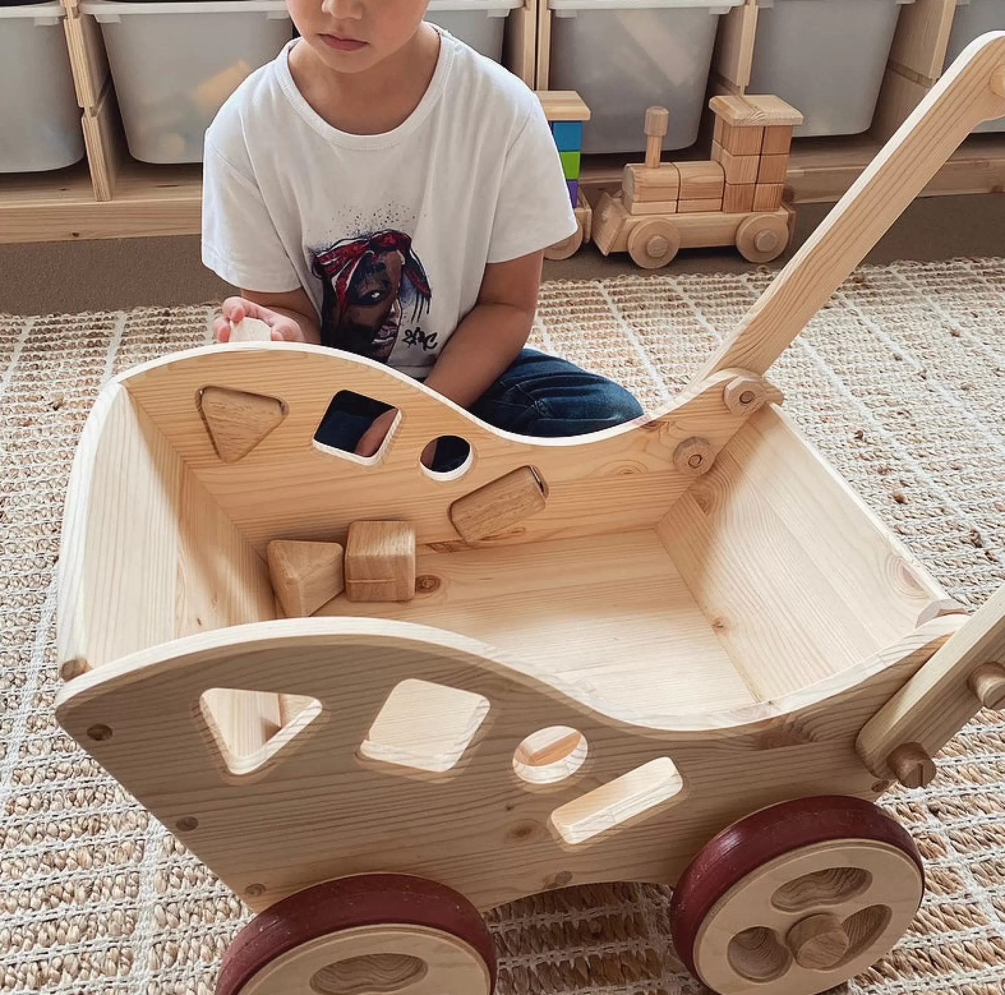 Playful Wood Montessori Toys-Extra Large Wooden Push Cart With Blocks