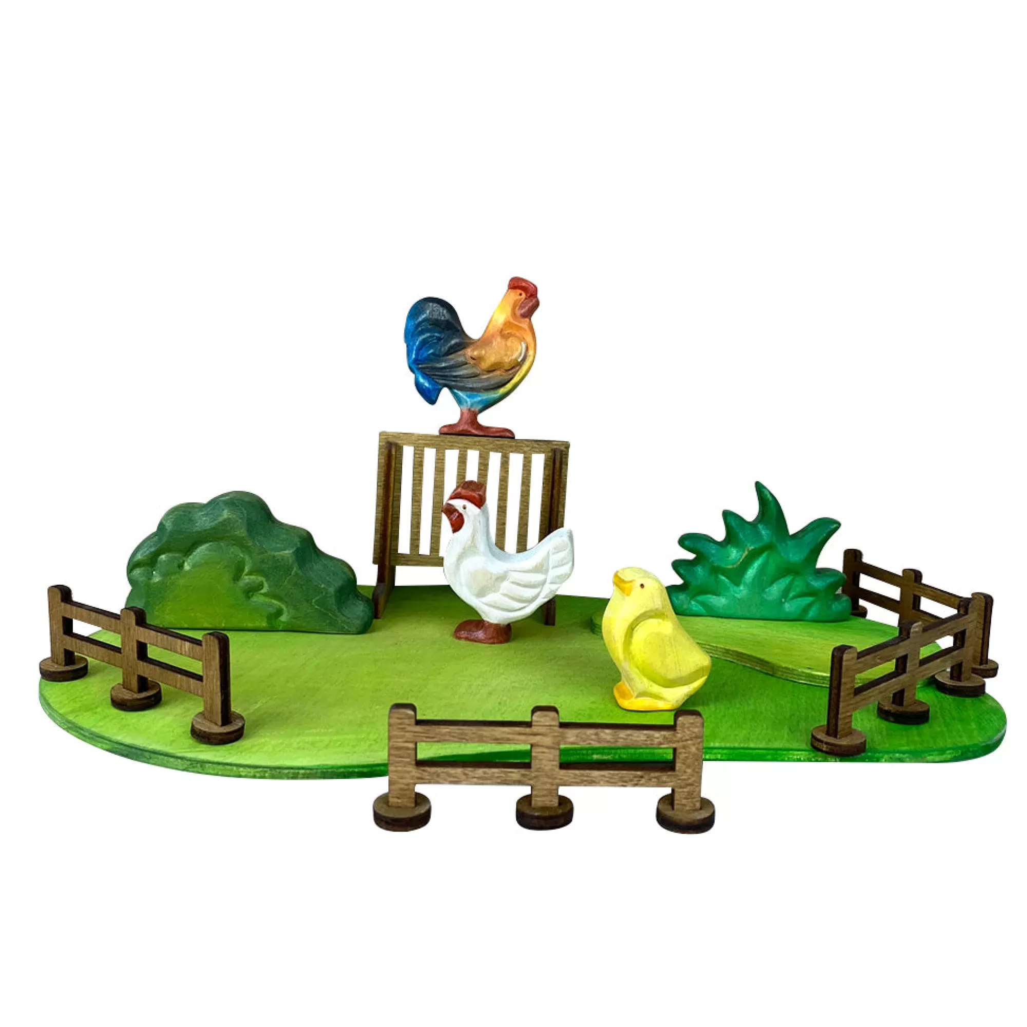 Green Taiga Farm Animals-Wooden Rooster, Hen & Chick Set