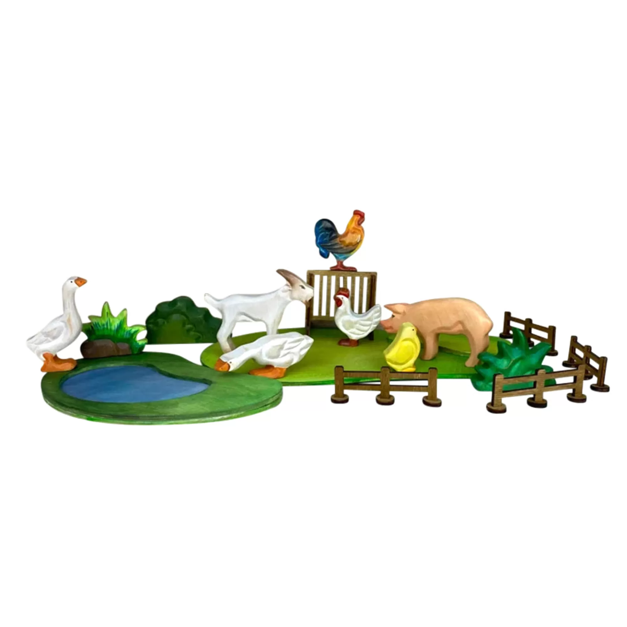 Green Taiga Farm Animals-Wooden Rooster, Hen & Chick Set