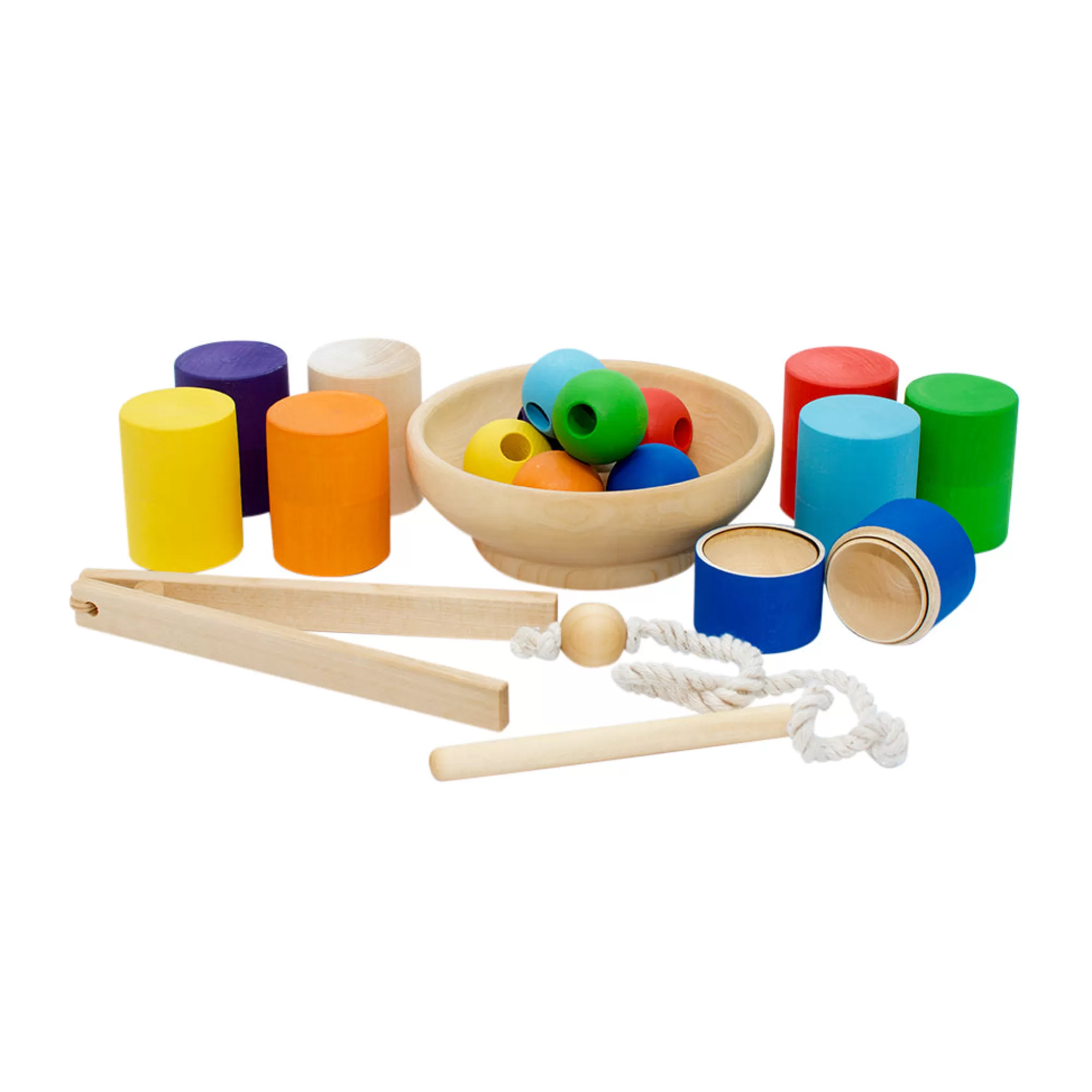 Wooden Educational Toy Lacing Toys-Wooden Sorting Cylinders & Lacing Balls - Rainbow